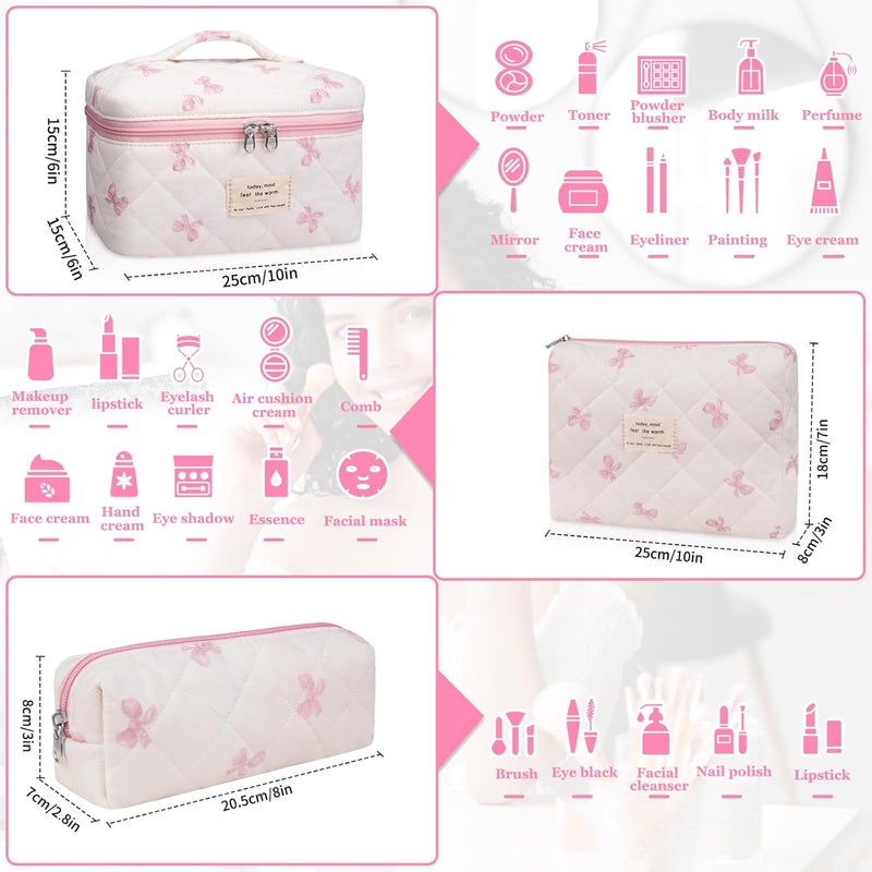 Gosect 3PC Makeup Bag Set, Quilted Makeup Bag Set, Large Floral Cosmetic Bag for Women, Cute Cotton Makeup Bags, Flower Travel Toiletry Organizer Bag (White Pink Bow Tie) - Image 2